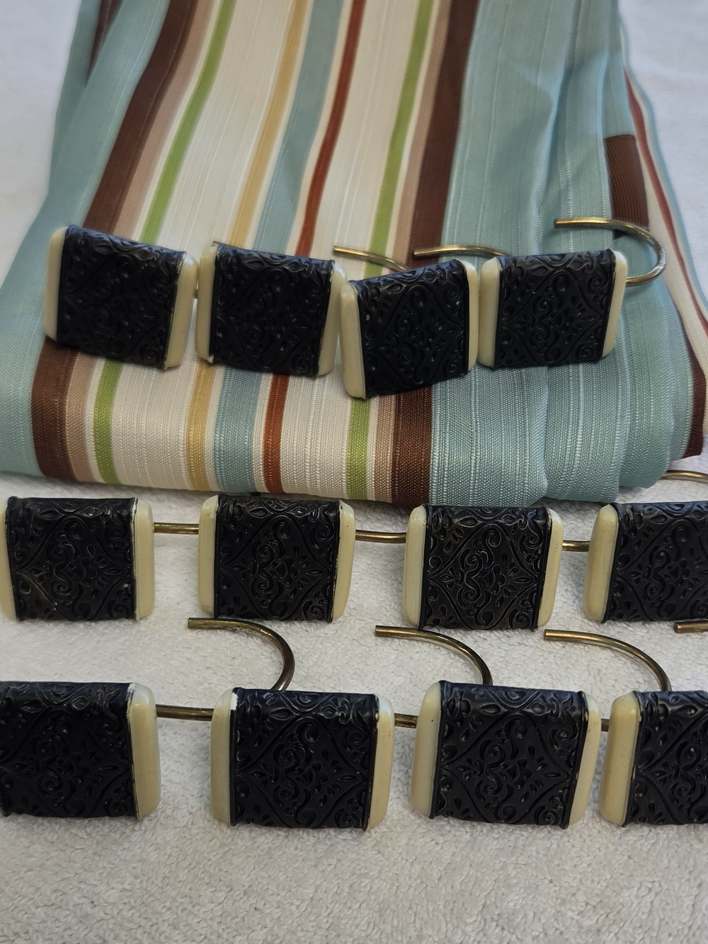 Teal, Cream, Brown Striped Shower Curtain W/Decorative Curtain Hooks - 70x70